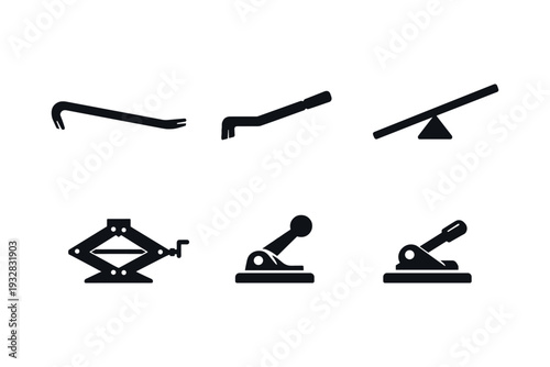 Collection of six black icons representing various tools and mechanisms on a white background