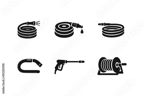 Collection of black and white icons representing garden hoses and pressure washer equipment