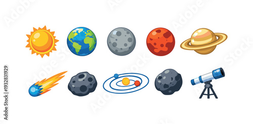Space exploration icon set. planets, solar system icons flat collection