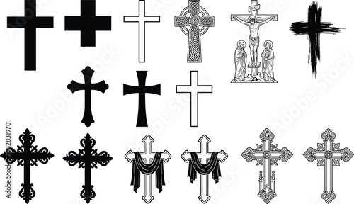Christian Cross Icon Collection, Religious Crucifix and Celtic Cross Symbol Set in Black and White Vector Illustration for Faith Design