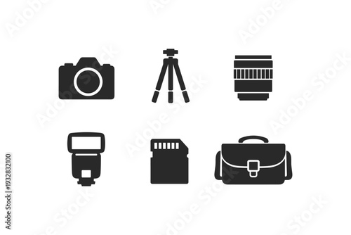 Collection of essential photography equipment icons on a white background
