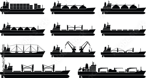 Cargo Ship and Oil Tanker Silhouette Set, Container Freight and Industrial Maritime Vessel Icons in Black Vector Illustration