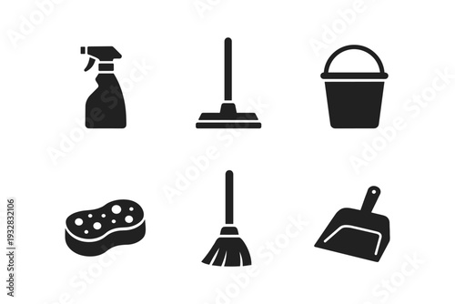 Collection of cleaning tools icons including spray bottle, mop, bucket, sponge, broom, and dustpan