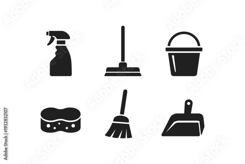 Collection of cleaning supplies icons including spray bottle, mop, bucket, sponge, broom, and dustpan