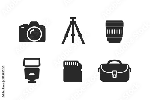 Collection of photography equipment icons including camera, lens, tripod, flash, memory card, and bag