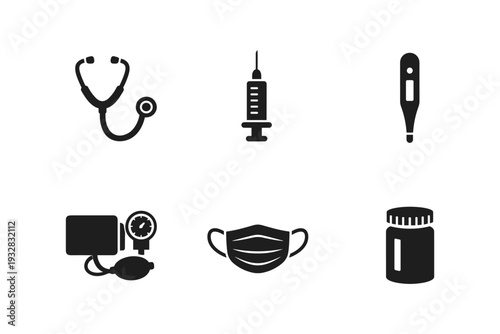 Collection of medical icons including stethoscope, syringe, thermometer, blood pressure monitor, mask, and pills