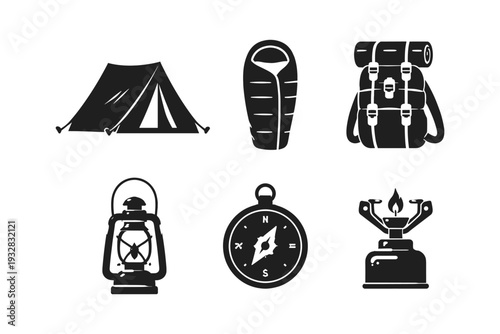 Collection of camping equipment icons including tent, sleeping bag, backpack, lantern, compass, and stove