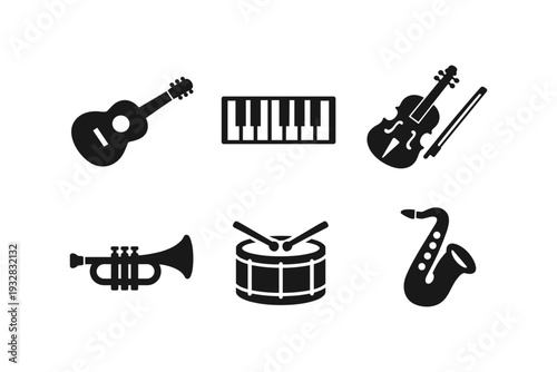 Collection of musical instrument icons including guitar, piano, violin, trumpet, drum, and saxophone