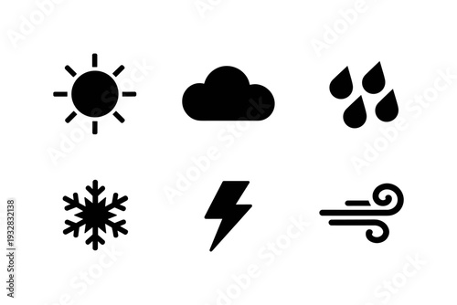 Collection of weather icons including sun, cloud, rain, snowflake, lightning, and wind