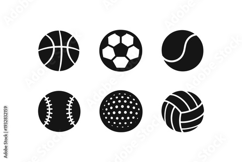 Collection of six different sports balls in a simple black and white graphic style