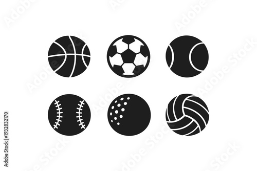 Collection of six different sports balls in a simple black and white graphic style