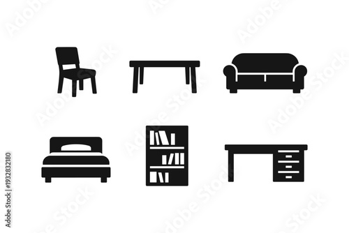 Collection of simple black furniture icons on a white background for design
