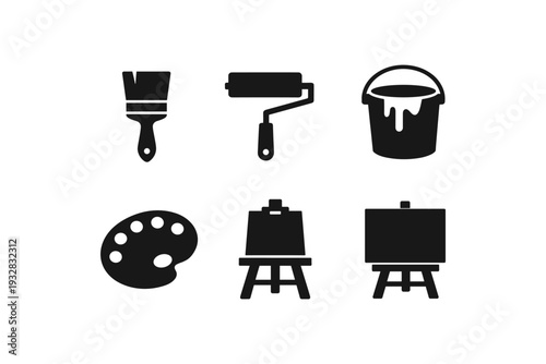Collection of black icons representing art and painting supplies on a white background