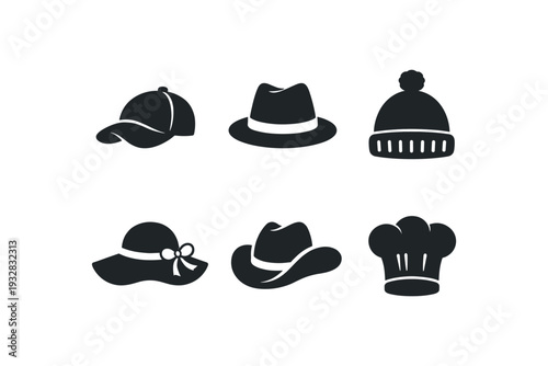 Collection of diverse hat icons including baseball cap, fedora, beanie, sun hat, cowboy hat, and chef hat
