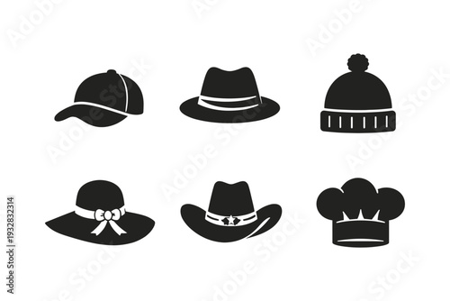 Collection of diverse hat icons including baseball cap, fedora, beanie, and chef hat