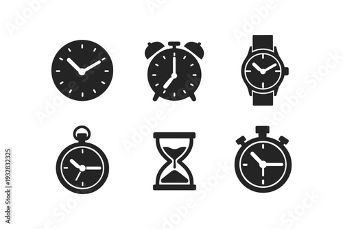Collection of various timekeeping devices and icons representing time