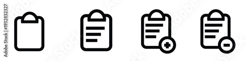 Clipboard icon set in modern vector style, checklist and document management symbols for task planning, office work and productivity design concepts