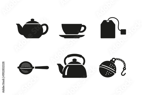 Collection of black tea-related icons on a white background