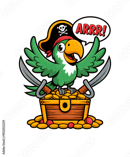 Cartoon parrot on treasure chest with swords and pirate hat