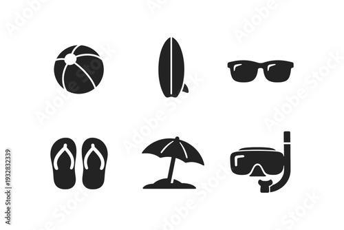 Collection of black summer vacation icons on a white background