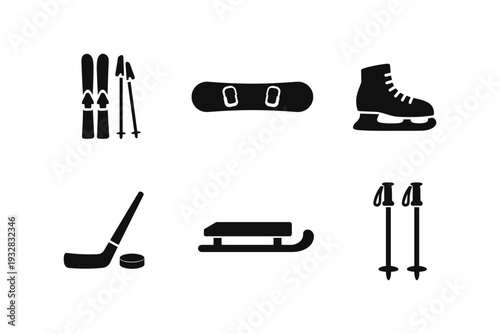 Collection of winter sports equipment icons including skis, snowboard, ice skates, hockey stick and puck