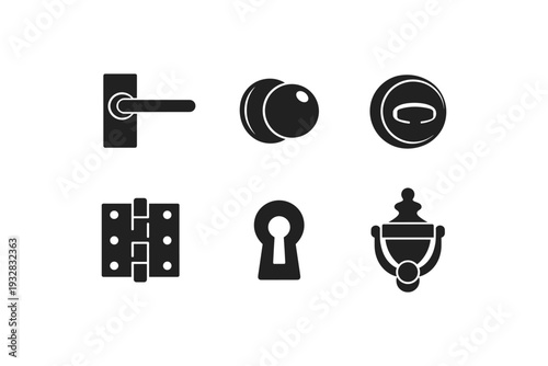 Collection of black silhouette icons representing door hardware and security elements