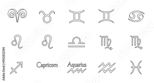 Zodiac signs symbols in a row, astrology and horoscope concept, isolated on white background.