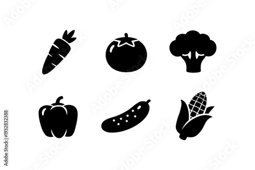 Collection of six simple black vegetable icons on a white background