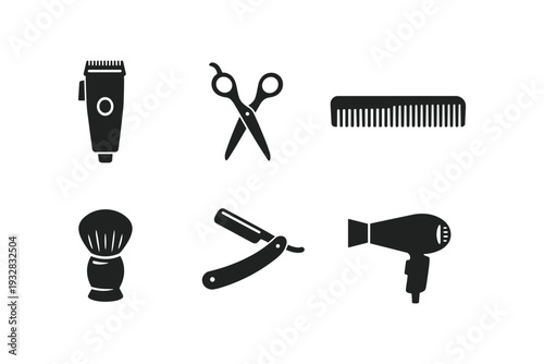 Collection of barber shop tools and equipment icons on a white background