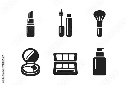 Collection of six essential makeup icons including lipstick, mascara, and powder compact