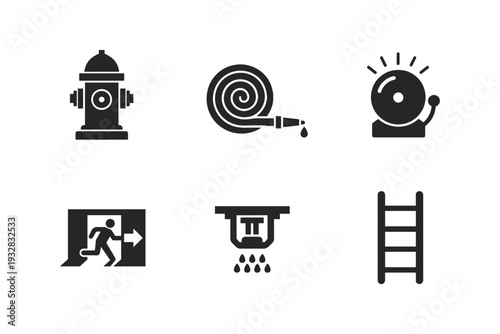 Collection of six essential fire safety icons including a hydrant, hose, alarm, exit, sprinkler, and ladder