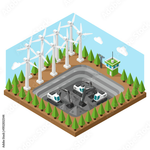 Isometric Illustration of Wind Turbines and Hydroelectric Dam.