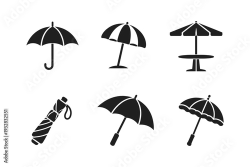 Collection of diverse umbrella icons and symbols for weather protection and shade