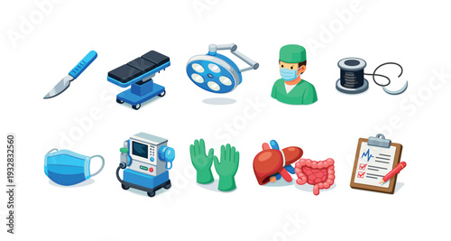Medical, healthcare flat icon set. surgery, equipment, and hospital tools flat collection