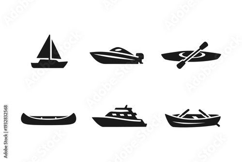Collection of six different boat icons representing various watercraft and nautical transportation