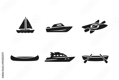 Collection of six different watercraft icons including sailboat, speed boat, kayak, and canoe