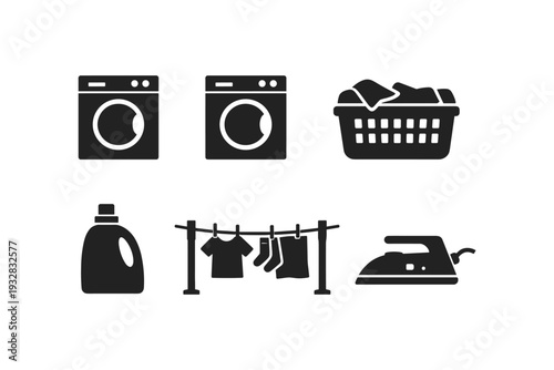 Collection of laundry icons including washing machine, basket, detergent, clothesline, and iron