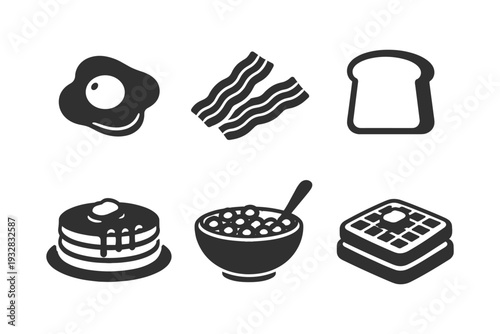 Collection of popular breakfast food icons including pancakes, bacon, eggs, and waffles