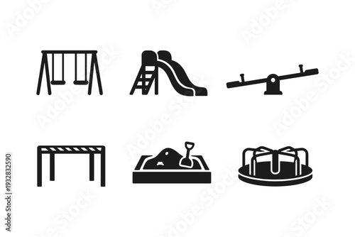 Collection of playground equipment icons including swings, slide, seesaw, sandbox, and merry-go-round