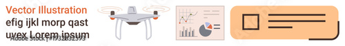 quadcopter, data visualization, UIUX design, modern technology, business analysis, and innovation. A Quadcopter, analytic graphs and a user interface element. Drone and data visualization concept