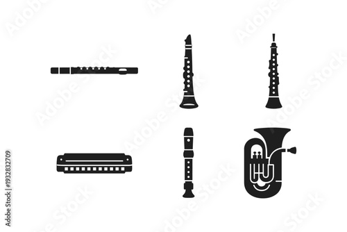 Collection of wind and reed musical instrument icons in silhouette style