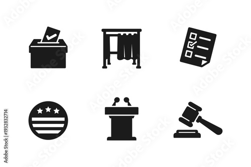 Collection of political and legal icons representing voting, justice, and debate