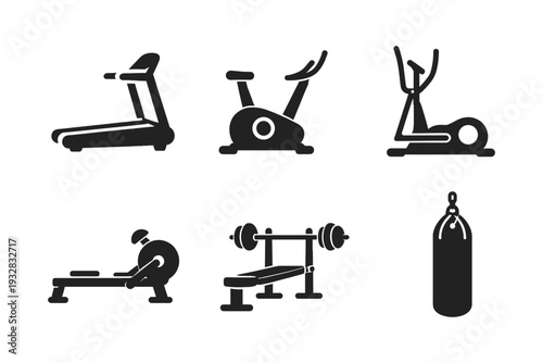 Collection of black fitness equipment icons on a white background