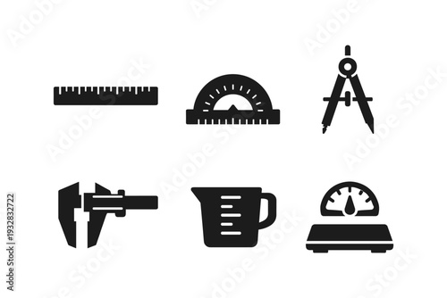 Collection of measurement tools including ruler, protractor, compass, caliper, beaker, and scale
