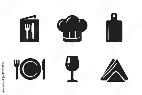 Collection of six black restaurant and kitchen icons on a white background