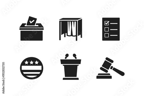 Collection of election and justice icons including ballot box, voting booth, and gavel