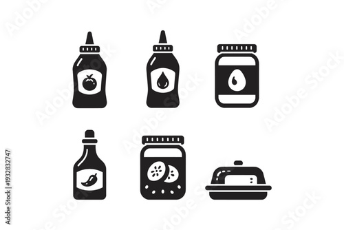 Collection of stylized icons representing various condiments and food items in containers