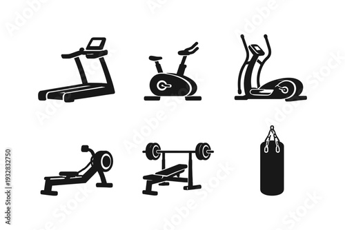 Collection of black fitness equipment icons on a white background for workout planning