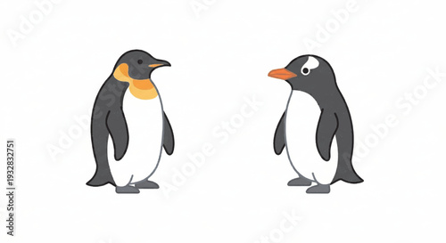 Set of 2 simple flat vector Antarctic penguin icons, minimalist Emperor and Gentoo penguins illustrations isolated on white background
