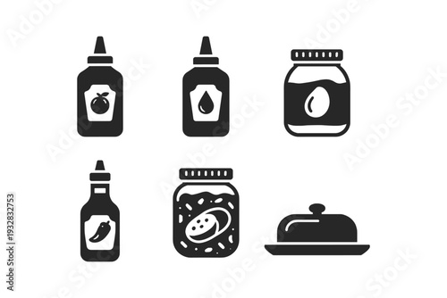 Collection of condiment and food icons including sauces, jams, and butter dish